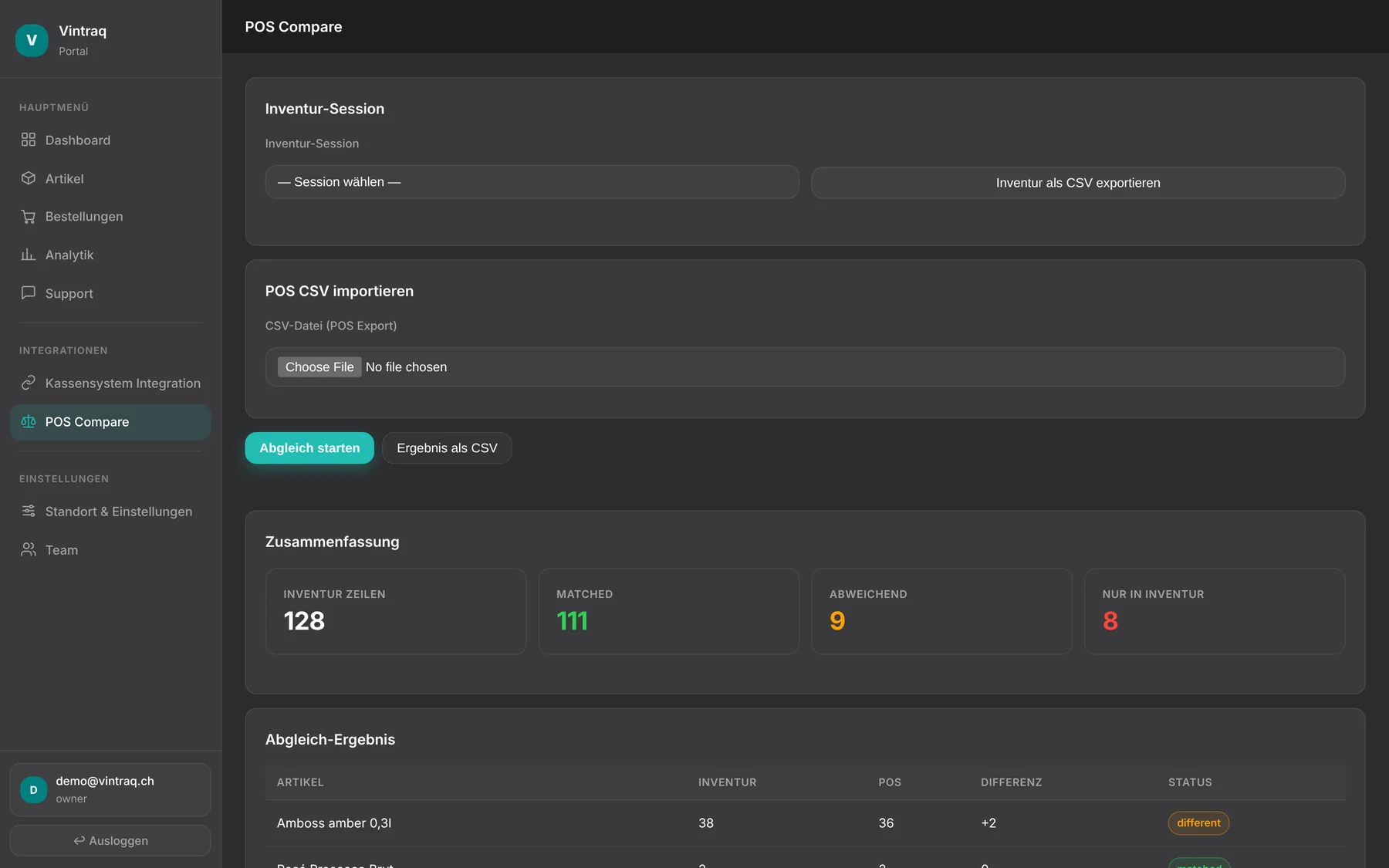 Vinora Web-Portal: Abgleich zwischen Inventur und Kassendaten