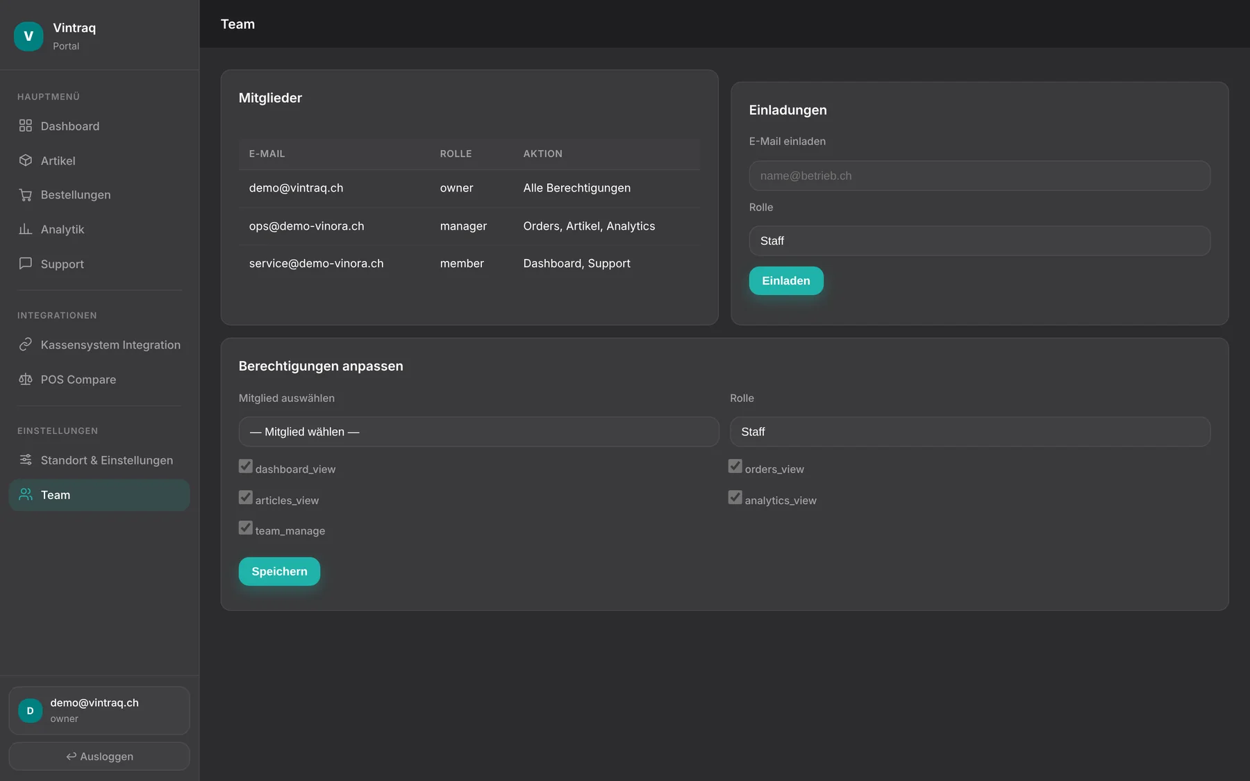 Vinora Web-Portal: Team, Rollen und Berechtigungen